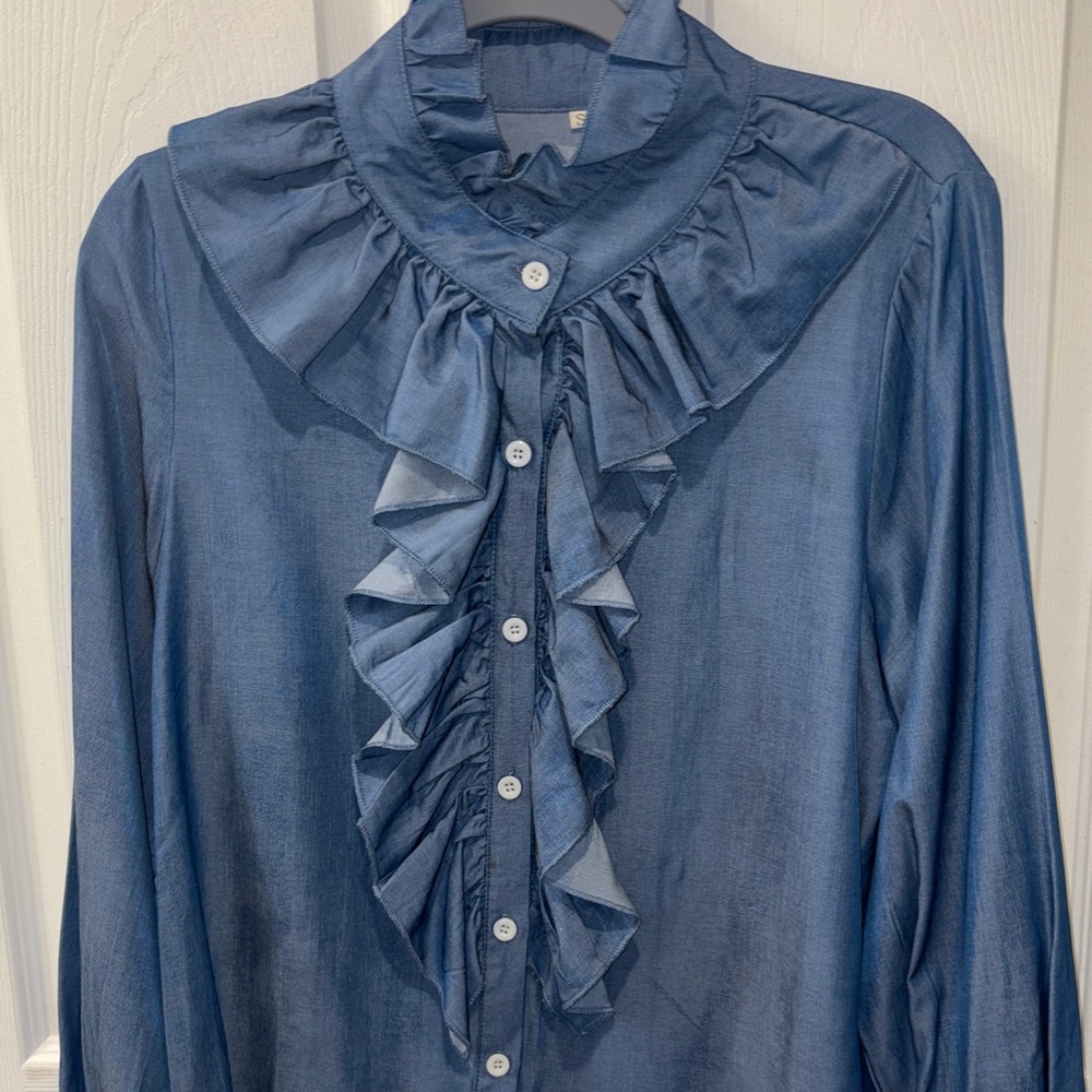 Chic Blue Ruffle Button Down Shirt - image 5